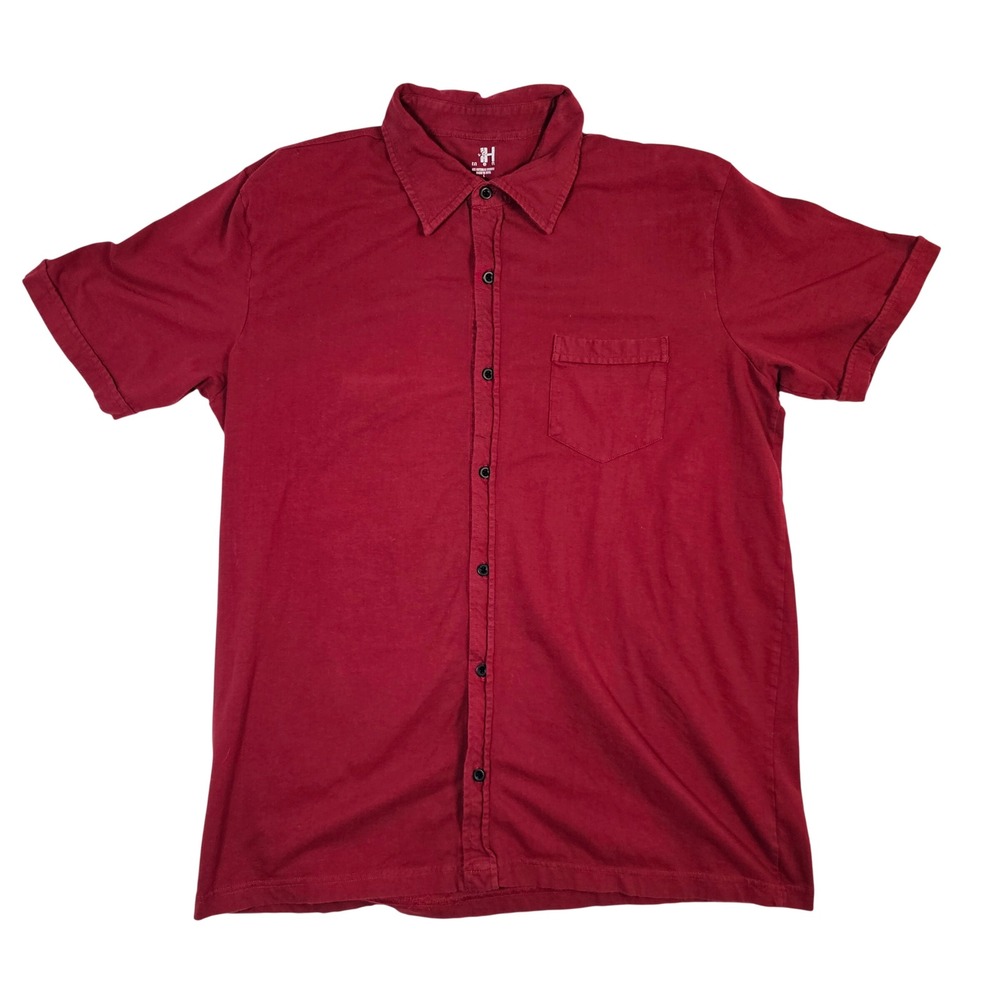 HM Men‎ Short Sleeve Button Down Shirt Burgundy Maroon Stretch Cotton Large